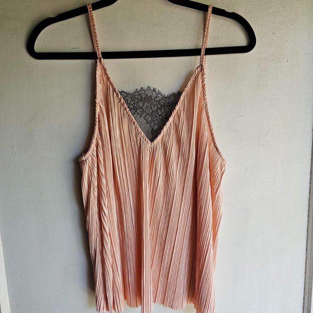 Pink satin-look black lace camisole tank top
